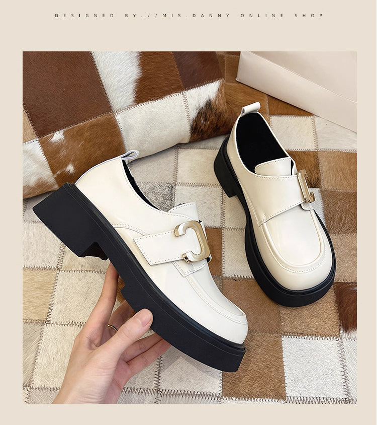 Lolita Shoes British Style Genuine Leather Loafers Beige Comfortable Platform Slip