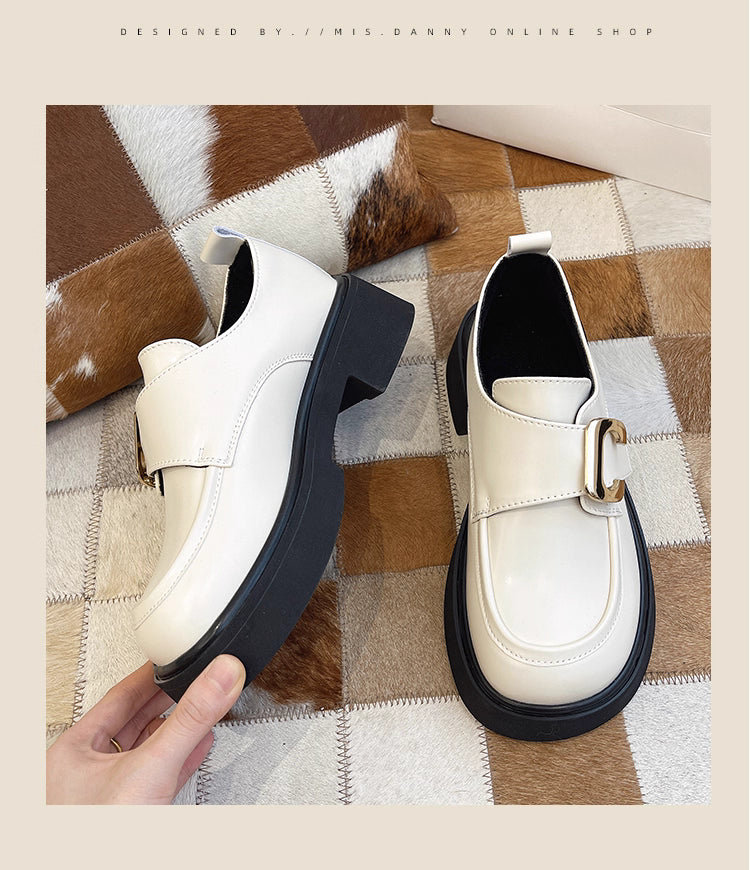 Lolita Shoes British Style Genuine Leather Loafers Beige Comfortable Platform Slip