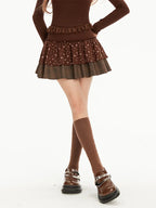 Brown Hot Girl Long Sleeve T-Shirt Short Skirt Two-piece Set Slim Bottom Shirt Floral Cake Skirt Short Skirt Set Lolita Dresses