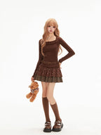 Brown Hot Girl Long Sleeve T-Shirt Short Skirt Two-piece Set Slim Bottom Shirt Floral Cake Skirt Short Skirt Set Lolita Dresses