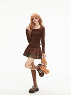 Brown Hot Girl Long Sleeve T-Shirt Short Skirt Two-piece Set Slim Bottom Shirt Floral Cake Skirt Short Skirt Set Lolita Dresses