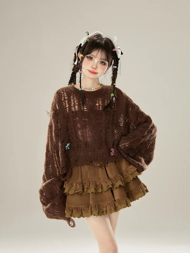 Brown Retro Corduroy Ruffle Skirt Cake Skirt Sweet and Cute Lolita Dresses