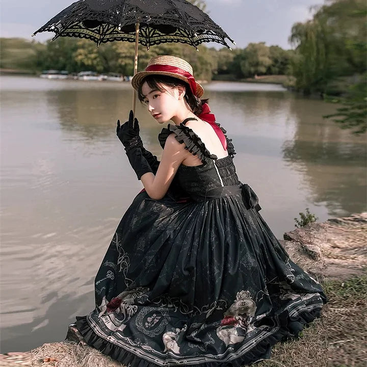 Caged Bird Black Goth Lolita Dress Jump Skirt JSK Elegant Long Dresses