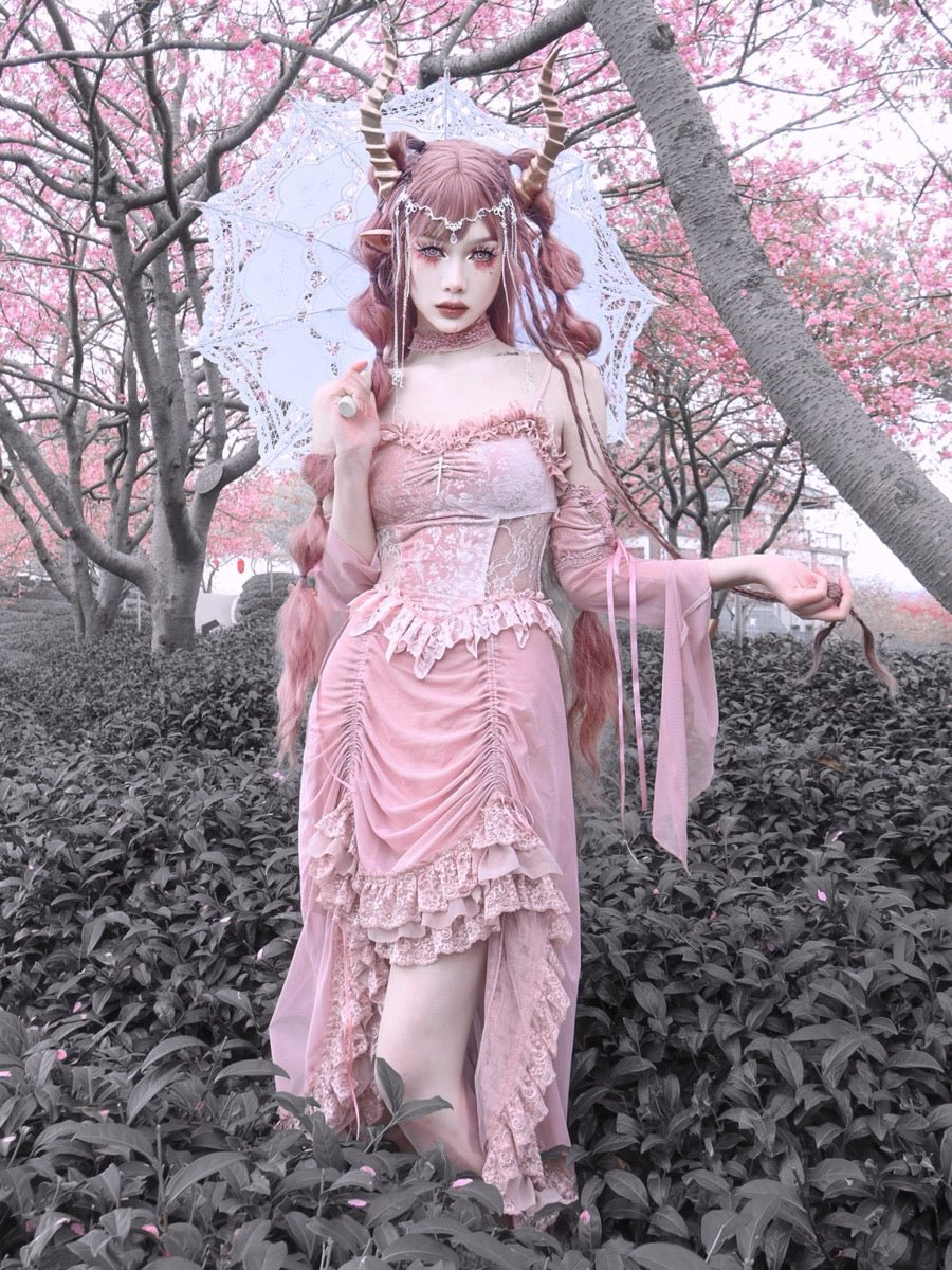 Cherry Blossoms Pink Gothic Velvet Drawstring Dress Elegant Long Dress