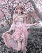 Cherry Blossoms Pink Gothic Velvet Drawstring Dress Elegant Long Dress
