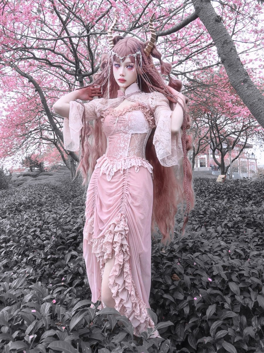 Cherry Blossoms Pink Gothic Velvet Drawstring Dress Elegant Long Dress