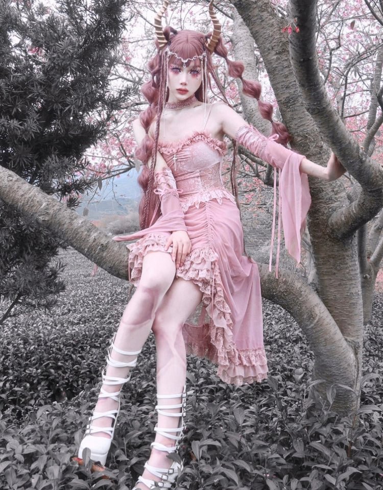 Cherry Blossoms Pink Gothic Velvet Drawstring Dress Elegant Long Dress