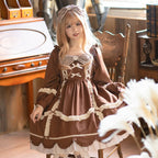 Chocolate Brown Sweetheart Cute Dress Lolita Long Sleeve OP