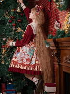 Christmas Bear Print Dress Op Red Sweet Cute High-waisted Lolita Princess Dress