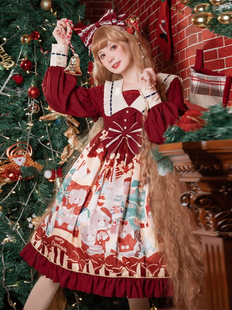 Christmas Bear Print Dress Op Red Sweet Cute High-waisted Lolita Princess Dress