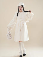Christmas Bow Loose White Lolita Coat Padded Woolen Coat Women's Autumn and Winter