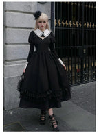 Classic Black Gothic Lolita Long Dresses in Autumn Elegant Maxi Dress JSK Coat