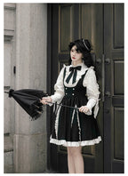 Classic Black and White Lace Splicing Shirt Chest Strap Skirt Autumn Lolita Elegant Suit Dress