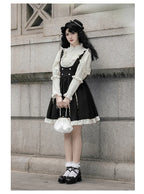 Classic Black and White Lace Splicing Shirt Chest Strap Skirt Autumn Lolita Elegant Suit Dress