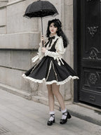 Classic Black and White Lace Splicing Shirt Chest Strap Skirt Autumn Lolita Elegant Suit Dress