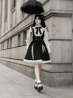Classic Black and White Lace Splicing Shirt Chest Strap Skirt Autumn Lolita Elegant Suit Dress