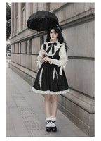 Classic Black and White Lace Splicing Shirt Chest Strap Skirt Autumn Lolita Elegant Suit Dress