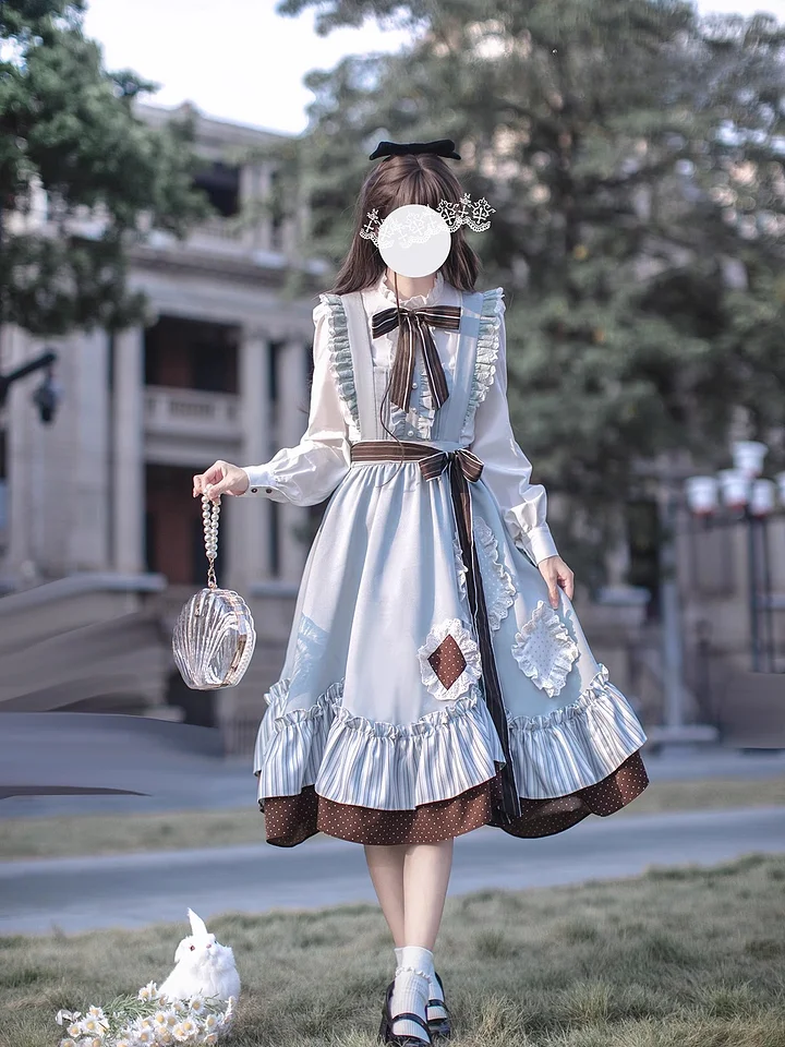 Classic Blue Lolita Dress Brown White College Dress Elegant JK Shirt JSK