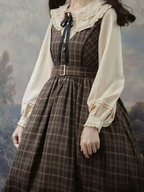 Classic British Style Elegant Brown Plaid Jumper Skirt JSK Lolita Dresses