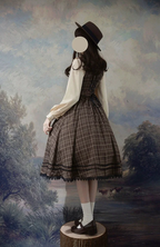 Classic British Style Elegant Brown Plaid Jumper Skirt JSK Lolita Dresses