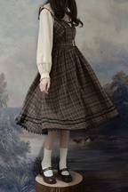 Classic British Style Elegant Brown Plaid Jumper Skirt JSK Lolita Dresses