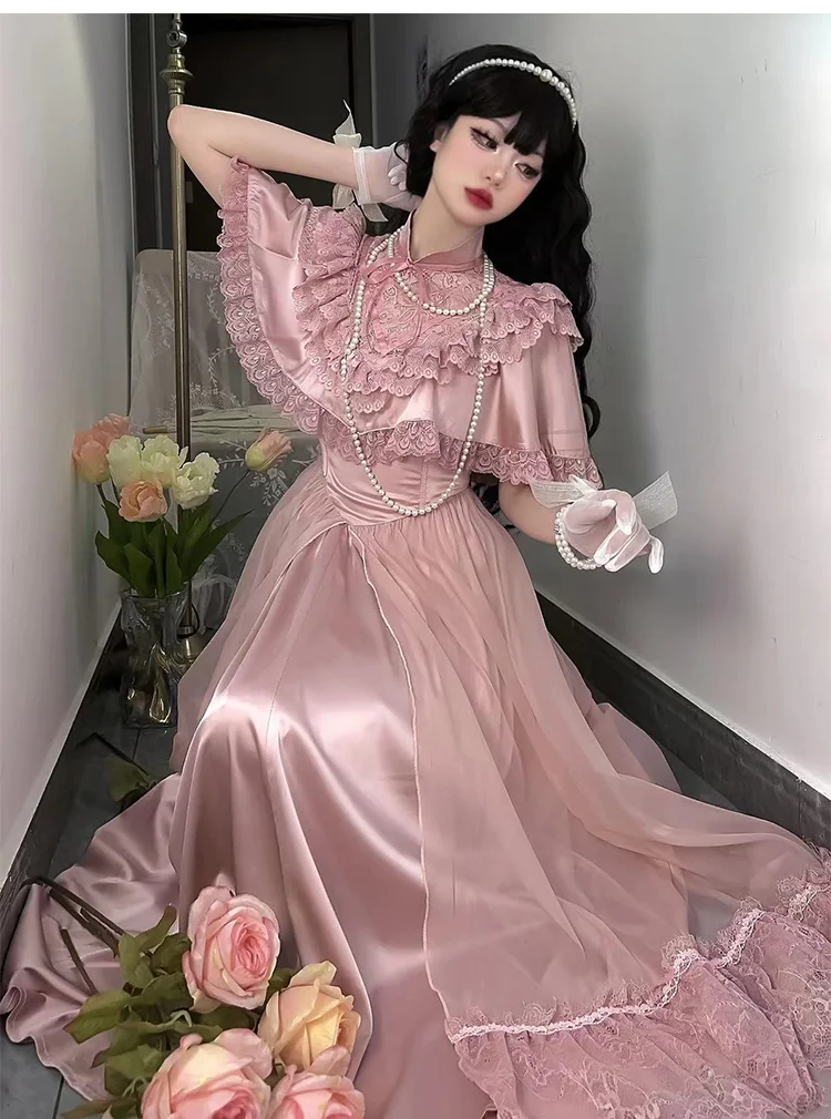 Classic Princess Court Style Vintage Lace Long Wedding Dress Short Sleeve Op
