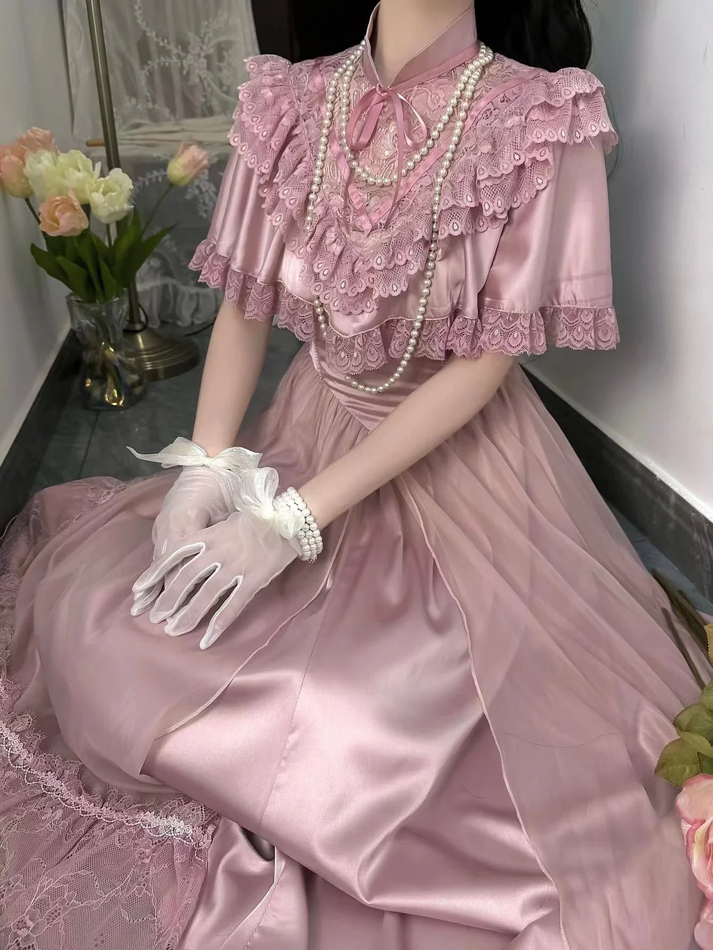 Classic Princess Court Style Vintage Lace Long Wedding Dress Short Sleeve Op