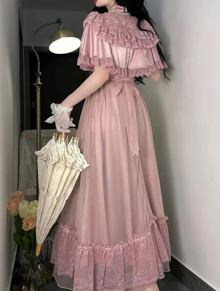 Classic Princess Court Style Vintage Lace Long Wedding Dress Short Sleeve Op