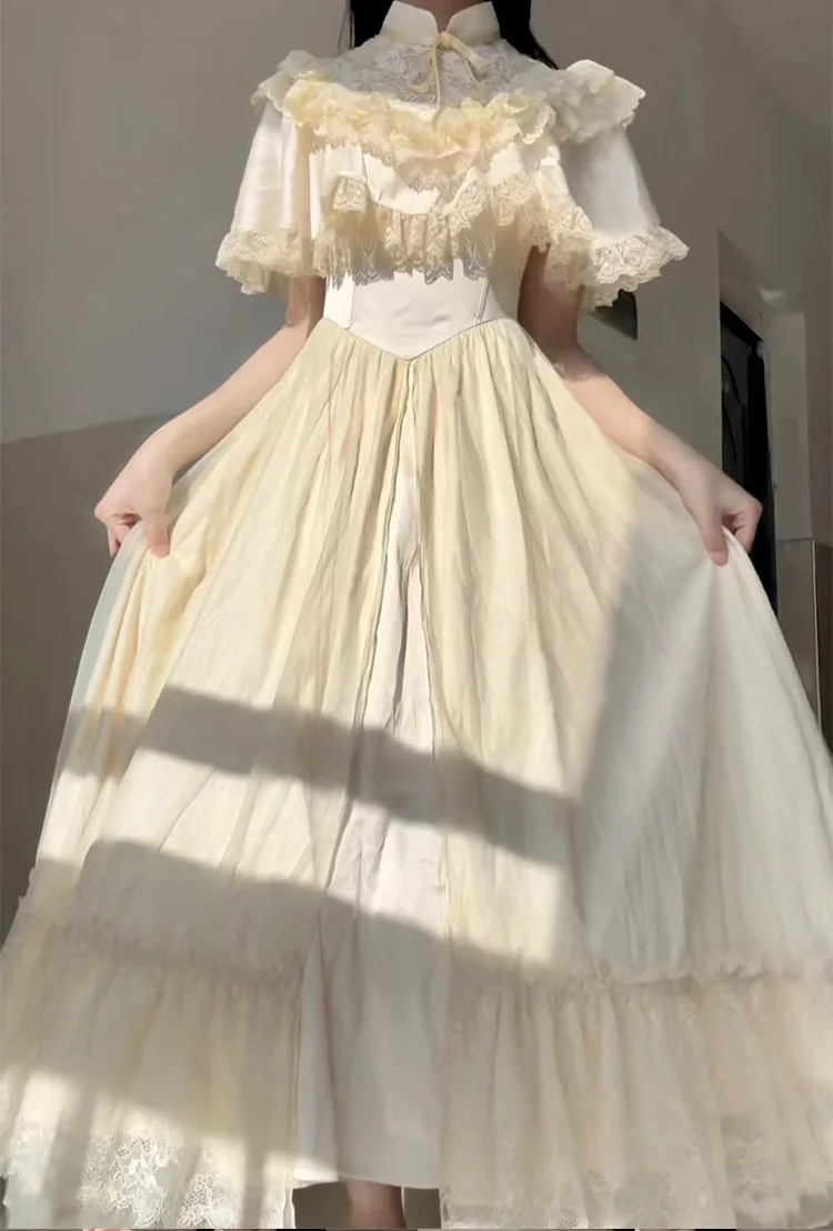 Classic Princess Court Style Vintage Lace Long Wedding Dress Short Sleeve Op