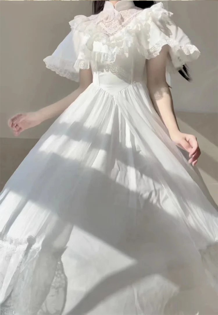 Classic Princess Court Style Vintage Lace Long Wedding Dress Short Sleeve Op