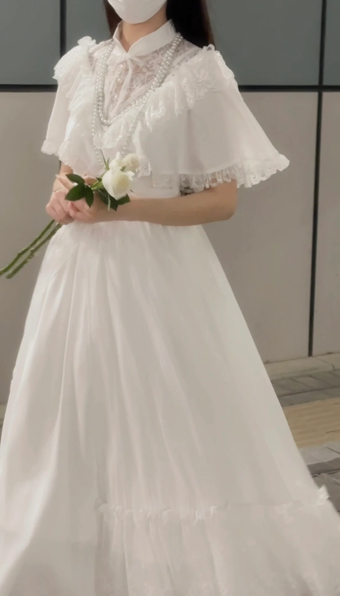 Classic Princess Court Style Vintage Lace Long Wedding Dress Short Sleeve Op