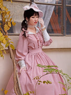 Classic College Style Student Red Pink Lolita Dress OP Simple Solid Color