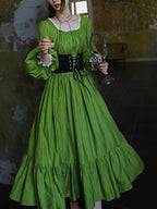 Classic Court Vintage Square Neck Lantern Sleeve Tencel Tie High Waist Pendulum Dress Lolita