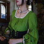 Classic Court Vintage Square Neck Lantern Sleeve Tencel Tie High Waist Pendulum Dress Lolita