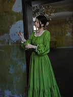 Classic Court Vintage Square Neck Lantern Sleeve Tencel Tie High Waist Pendulum Dress Lolita