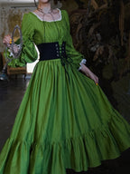 Classic Court Vintage Square Neck Lantern Sleeve Tencel Tie High Waist Pendulum Dress Lolita