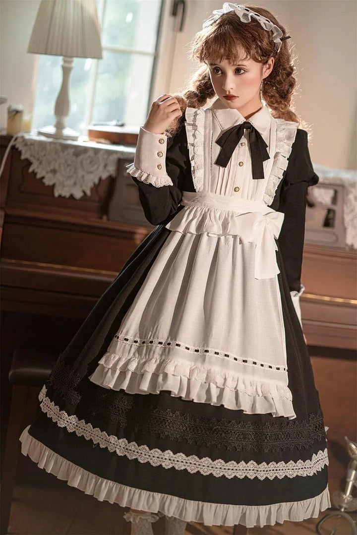 Maid Outfit Classic French Black Suit Long Sleeved Maxi Dress OP
