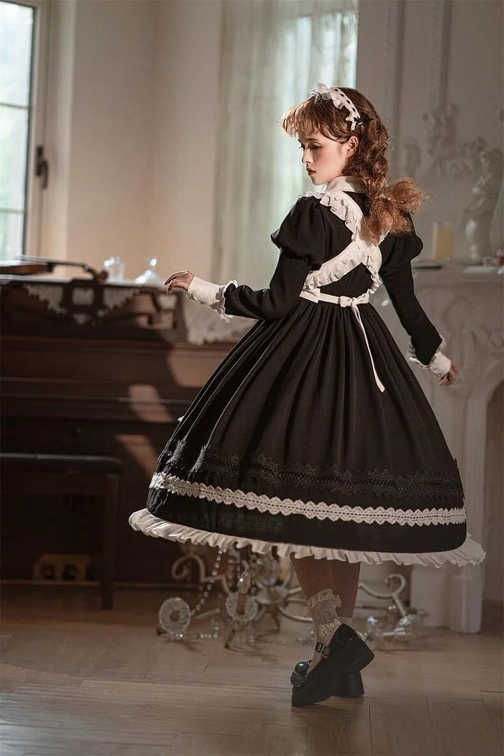 Maid Outfit Classic French Black Suit Long Sleeved Maxi Dress OP