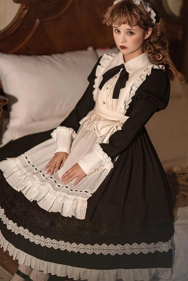 Maid Outfit Classic French Black Suit Long Sleeved Maxi Dress OP