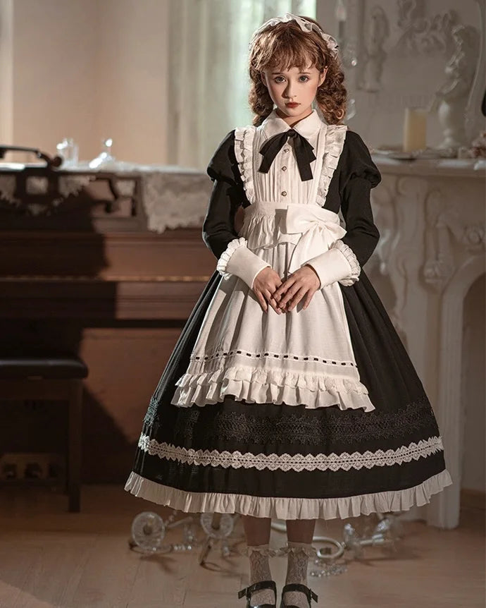 Maid Outfit Classic French Black Suit Long Sleeved Maxi Dress OP