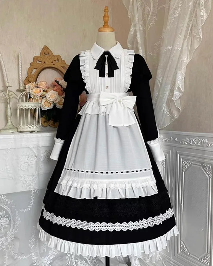 Maid Outfit Classic French Black Suit Long Sleeved Maxi Dress OP