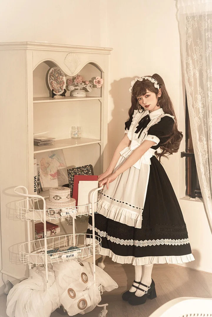 Maid Outfit Classic French Black Suit Long Sleeved Maxi Dress OP