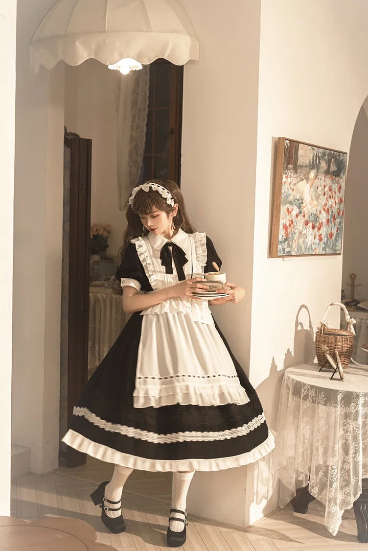 Maid Outfit Classic French Black Suit Long Sleeved Maxi Dress OP