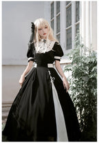 Classic Goth Black and White Dress Embroider False Collar Elegant Lolita Short-sleeved Dress