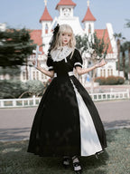 Classic Goth Black and White Dress Embroider False Collar Elegant Lolita Short-sleeved Dress