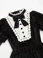 Classic Hepburn Style Black-white Velvet Elegant Long Sleeved Dress Lolita Bow Maxi Dress in Autumn and Winter OP