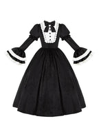 Classic Hepburn Style Black-white Velvet Elegant Long Sleeved Dress Lolita Bow Maxi Dress in Autumn and Winter OP