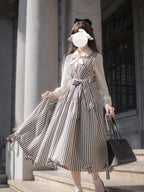Classic Lolita Belted Striped Maxi Dress Retro Striped Dress  French College Style