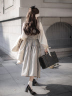 Classic Lolita Belted Striped Maxi Dress Retro Striped Dress  French College Style