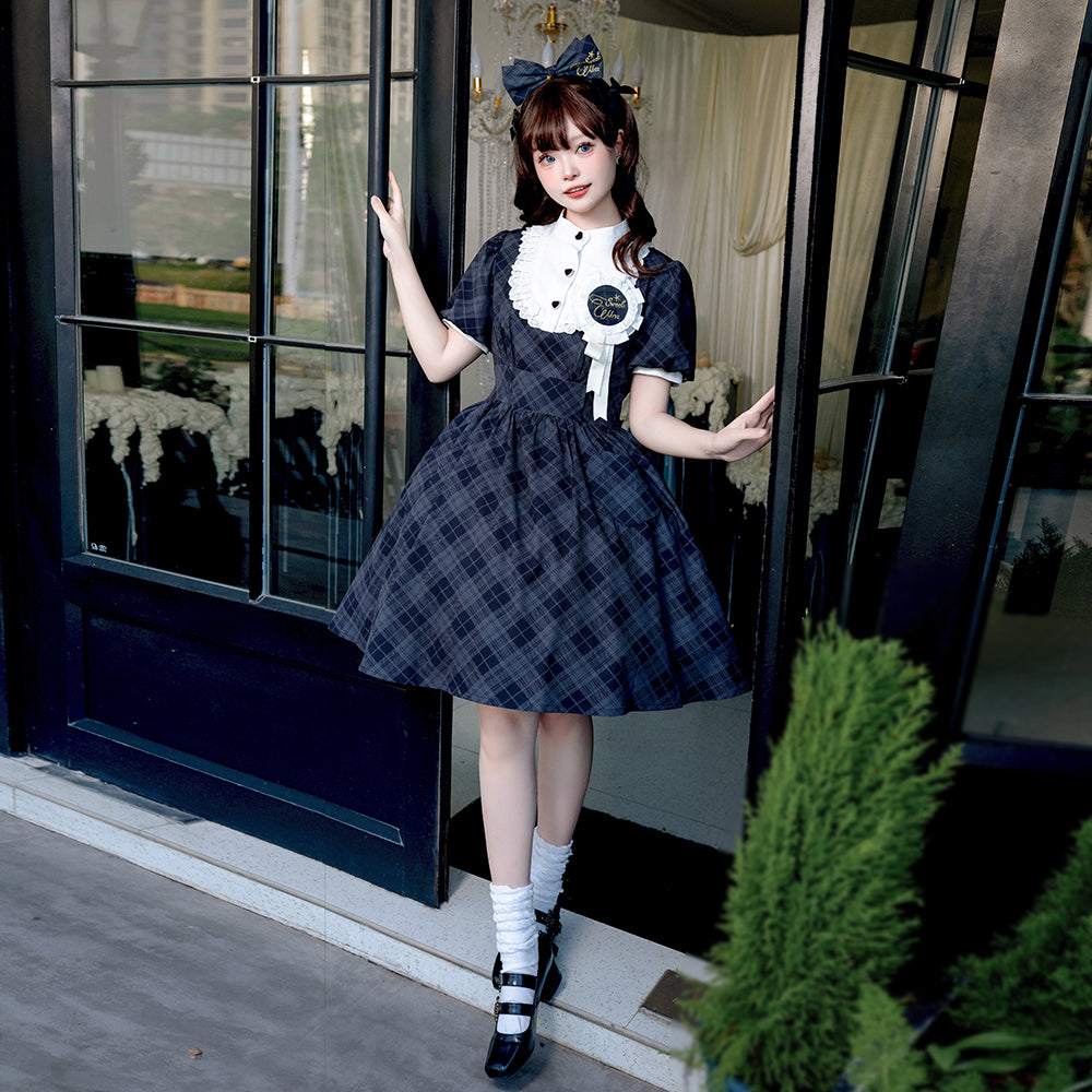 Classic Lolita Badge - Accented Black Plaid Dress Daily Summer Plaid Dress